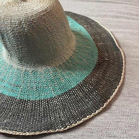 THE LIMITED Blue‎ Tan Black Woven Paper Hat Sun Beach Circle